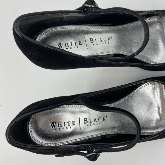 WHITE HOUSE BLACK MARKET Black Leather Ankle Strap Jewel Accent Peep Toe Heels 9 - Picture 6 of 10
